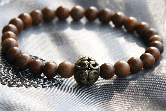 Minimal Bracelet Stackable Bracelet Thin Bracelet Natural Brown Stone Bracelet Dark Bronze Bali Bead Boho Tribal