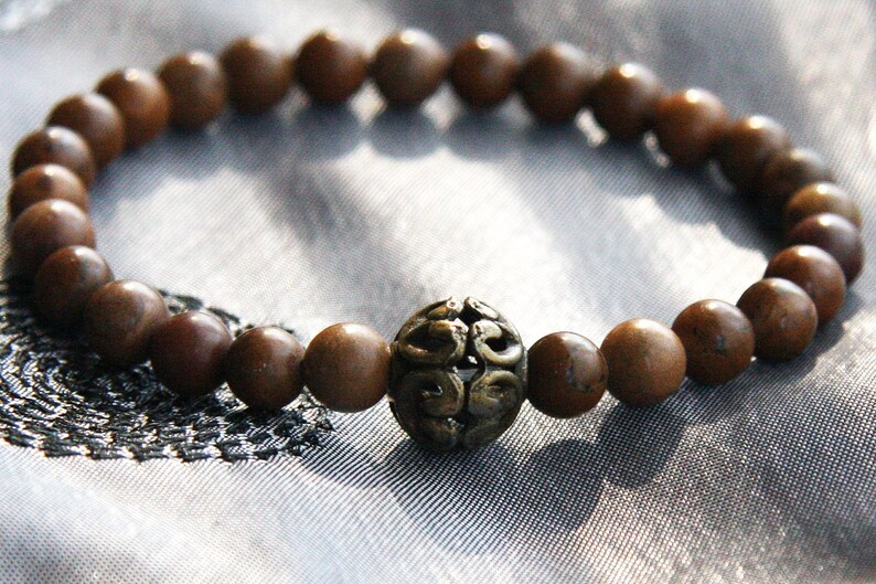 Minimal Bracelet Stackable Bracelet Thin Bracelet Natural Brown Stone Bracelet Dark Bronze Bali Bead Boho Tribal image 1