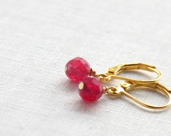 ON VACATION, Genuine Ruby Earrings Gold Filled Wire Gold Leverback Earrings Simple Minimalist Gemstone Earrings Round Cut AAA Grade