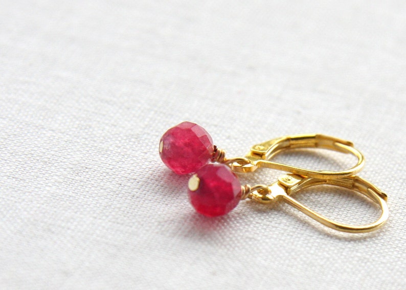 ON VACATION, Genuine Ruby Earrings Gold Filled Wire Gold Leverback Earrings Simple Minimalist Gemstone Earrings Round Cut AAA Grade image 1