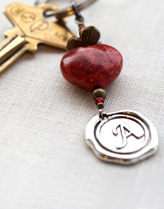 ON VACATION Personalized Keychain Monogram Initial Keychain Custom Keychain Red Coral Heart Keychain Personalized Gift for men