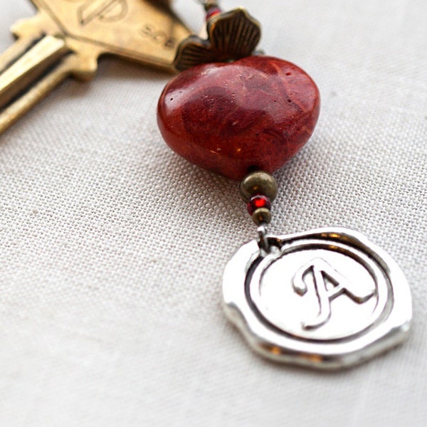 ON VACATION Personalized Keychain Monogram Initial Keychain Custom Keychain Red Coral Heart Keychain Personalized Gift for men