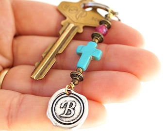 ON VACATION, Blue Turquoise Cross Keychain, Red Ruby Key Chain, Custom Initial Letter Charm, Personalized Gift