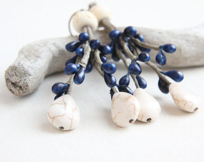 ON VACATION, Woodland Fairy Earrings Cream White Turquoise Indigo Blue Teardrops Wood Magic Inspired Nature Plant Botanical image 5