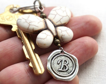 ON VACATION White Stone Butterfly Keychain, Personalized Keychain, Initial Keychain, Wax Seal Charm, Personalized gift