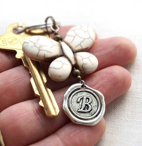 ON VACATION White Stone Butterfly Keychain, Personalized Keychain, Initial Keychain, Wax Seal Charm, Personalized gift