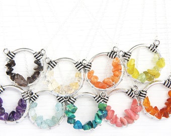 Birthstone Gemstone Necklace Wirewrapped Gems Circle of life Raw Stone Cluster Thin Sterling Silver Chain custom