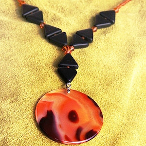 Large Flaming Agate Necklace, Thin Orange Stone Pendant, Black Geometric Necklace, Statement Unique Artisan Necklace image 4