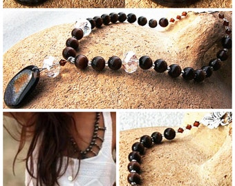 ON VACATION, Long Beaded Necklace Natural Stone Bohemian Necklace Agate Statement Necklace Gemstone Pendant Large Dark Coffee Brown