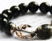 Exquisita pulsera de cuarzo rutilado Pulsera de ónix negro Plata de ley Piedra preciosa facetada boho Piedras grandes