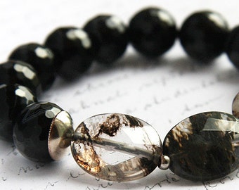 ON VACATION, Exquisite Rutilated Quartz Bracelet Black Onyx Bracelet Sterling Silver Bohemian Faceted Gemstone Large stones