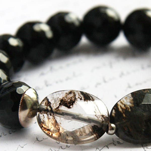 ON VACATION, Exquisite Rutilated Quartz Bracelet Black Onyx Bracelet Sterling Silver Bohemian Faceted Gemstone Large stones