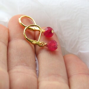 ON VACATION, Genuine Ruby Earrings Gold Filled Wire Gold Leverback Earrings Simple Minimalist Gemstone Earrings Round Cut AAA Grade image 2