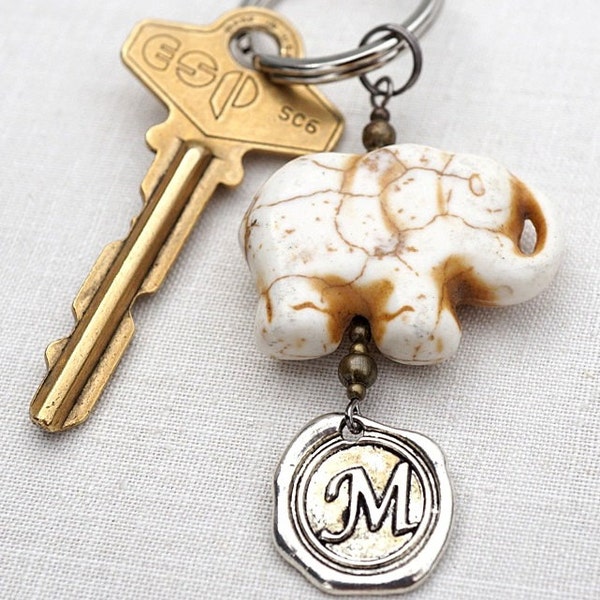 Big Elephant Keychain, White Stone Turquoise, Custom Wax Seal Initial Letter Charm, Personalized gift for him her