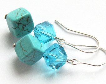ON VACATION, Turquoise Jewelry Modern Geometrical Blue Turquoise Earrings. Cubes. Sterling Silver December Birthstone