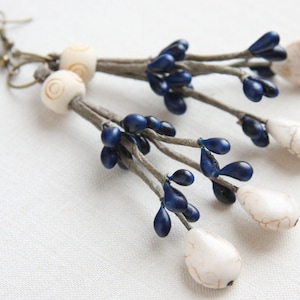 ON VACATION, Woodland Fairy Earrings Cream White Turquoise Indigo Blue Teardrops Wood Magic Inspired Nature Plant Botanical image 1