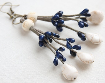 ON VACATION, Woodland Fairy Earrings Cream White Turquoise Indigo Blue Teardrops Wood Magic Inspired Nature Plant Botanical