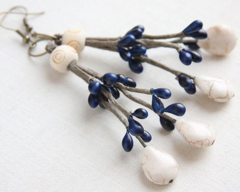 ON VACATION, Woodland Fairy Earrings Cream White Turquoise Indigo Blue Teardrops Wood Magic Inspired Nature Plant Botanical image 1