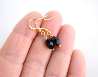 ON VACATION, Simple Black Earrings Black Glass Earrings Black Dangle Earrings Gold or Silver Earrings Mini Black Drop Earring