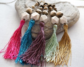 ON VACATION, Mixed Beaded Tassel Necklace with silk Tassel and Geometric Wooden Beads on Antiqued Bronze Chain bright modern