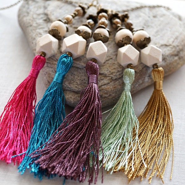 ON VACATION, Mixed Beaded Tassel Necklace with silk Tassel and Geometric Wooden Beads on Antiqued Bronze Chain bright modern