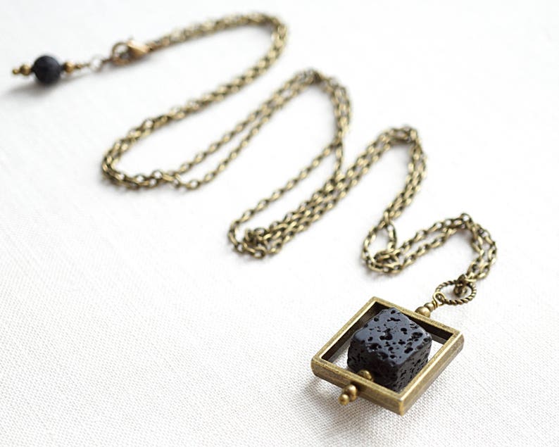 ON VACATION, Raw Stone Necklace Essential Oil Diffuser Necklace Big Cube Square Frame Raw Stone Black Lava Stone Necklace Mens image 5