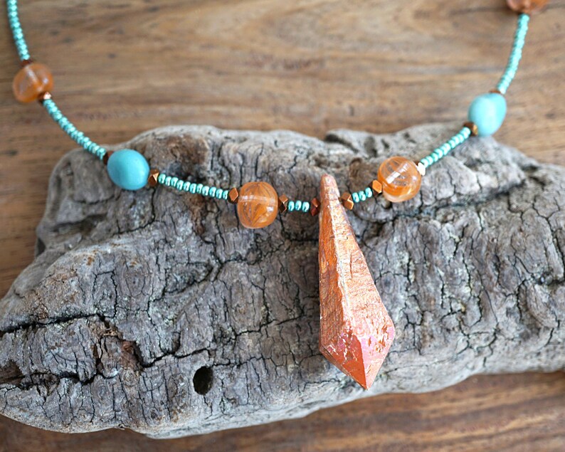 ON VACATION, Aura Quartz Point Raw Orange Crystal Necklace Crystal Point Amazonite Seafoam raw quartz jewelry statement necklace image 2