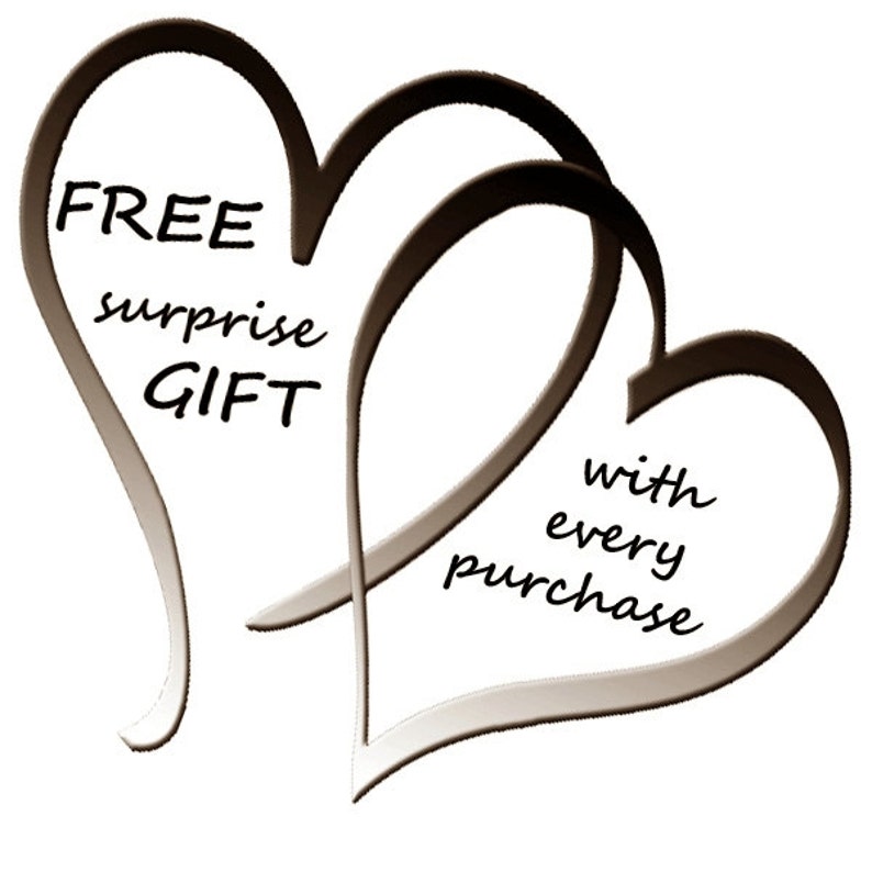 May include: Two intertwined hearts, one with the text "FREE surprise GIFT" and the other with the text "with every purchase".