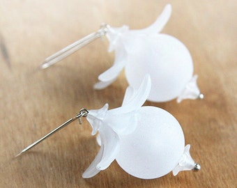 ON VACATION, Wedding Earrings for Bride White Earrings Frosted Lucite Flower Earrings Big Ball Sterling Silver Boho Earrings