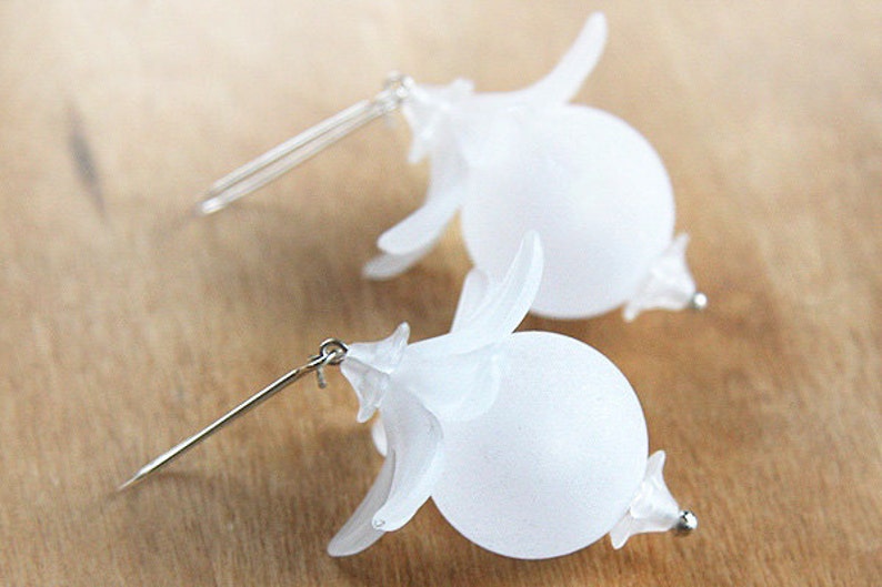 ON VACATION, Wedding Earrings for Bride White Earrings Frosted Lucite Flower Earrings Big Ball Sterling Silver Boho Earrings image 1