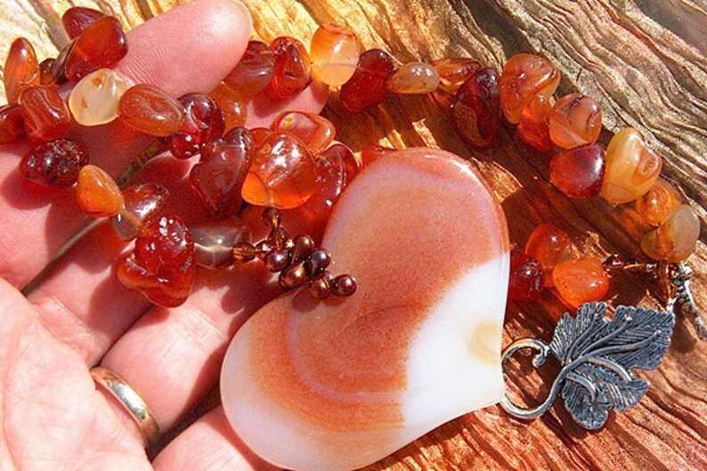 Large Carnelian Heart Necklace, Genuine Gemstone, Statement Luxury Jewelry, Natural Stone Burnt orange image 3