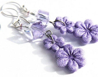 ON VACATION, Flower Earrings Lilac Purple Felt Choose Dark or Light Swarovski Crystal Cubes Sterling Silver Earrings Bridesmaids Gifts