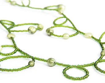 ON VACATION, Long Pearl necklace Handmade Bubble Dainty Seed Bead Necklace Sterling silver Green personalized garden gift