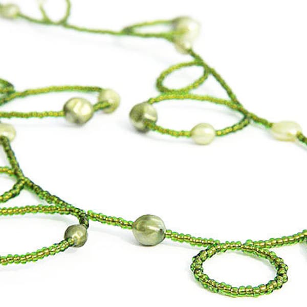 ON VACATION, Long Pearl necklace Handmade Bubble Dainty Seed Bead Necklace Sterling silver Green personalized garden gift