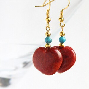 ON VACATION, Bohemian Red Heart Earrings Turquoise and Coral Earrings Red Sponge Coral Heart Turquoise Earrings Gold Earrings image 2