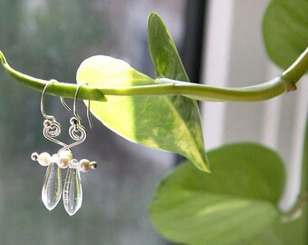 ON VACATION, Clear Glass Drop Earrings, Tiny White Pearls, Sterling Silver Wire Spiral Earrings, Simple Minimal Modern