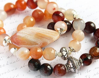 ON VACATION, Bohemian  Natural Agate Bracelet. Stackable Bracelet Statement Bracelet Sterling Silver Gemstone Beads Large Stone