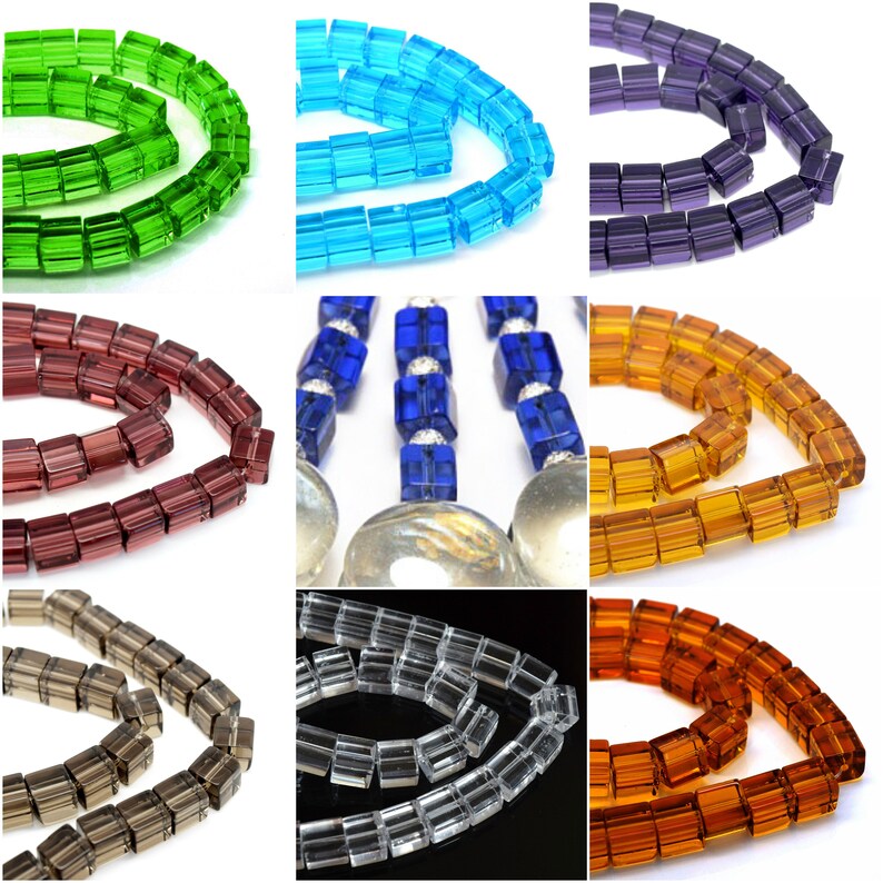 May include: A collection of colorful, rectangular glass beads in various shades, including green, blue, purple, red, gold, and clear. The beads are strung together, showcasing their shape and transparency. Ideal for jewelry making.