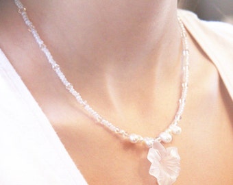 Art Nouveau Wedding Necklace White Pearl Necklace Bridal Jewelry Frosted Flower Pendant Swarovski Crystal Necklace