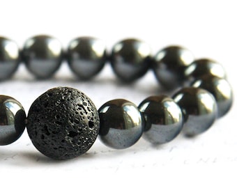 ON VACATION, Strength Power Black Lava Stone Bracelet Men Bracelet Essential Oil Diffuser Bracelet Natural Hematite