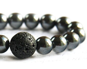 ON VACATION, Strength Power Black Lava Stone Bracelet Men Bracelet Essential Oil Diffuser Bracelet Natural Hematite