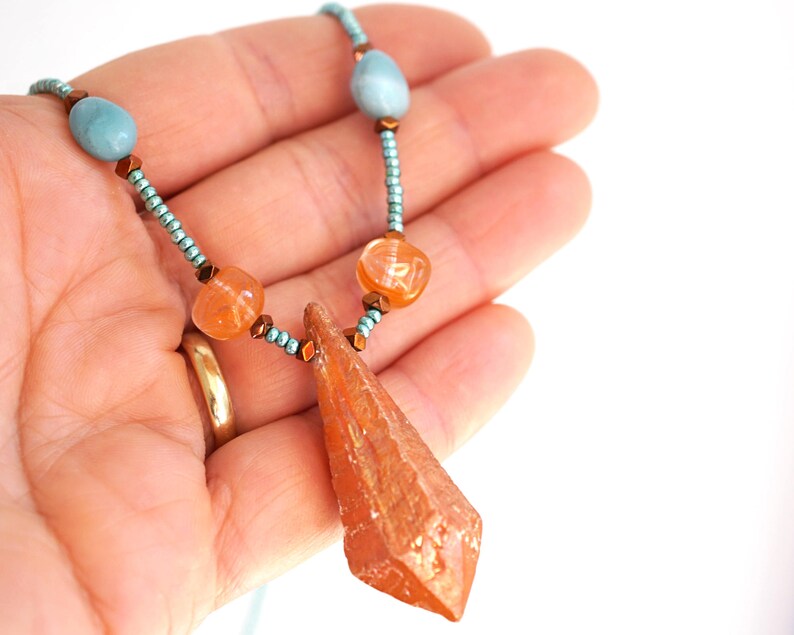 ON VACATION, Aura Quartz Point Raw Orange Crystal Necklace Crystal Point Amazonite Seafoam raw quartz jewelry statement necklace image 7