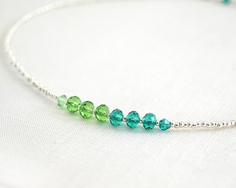 ON VACATION, Tiny Necklace Irish Good Luck Green Swarovski Crystal Two Tone Color Block Sterling Silver Thin Minimal dainty