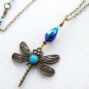 ON VACATION, Boho Dragonfly Necklace Blue Turquoise Peacock Crystal Drop Necklace Large Pendant Long Antique Brass Chain Bohemian image 1