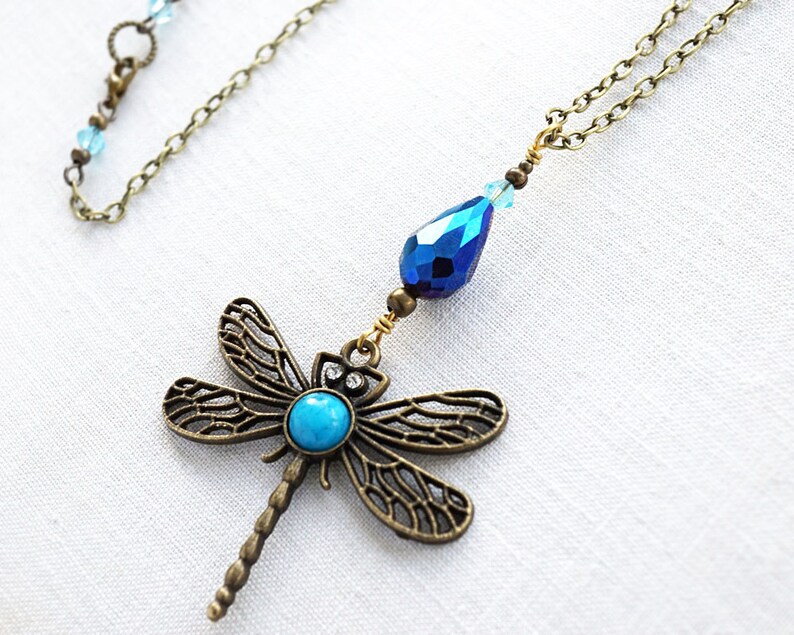 ON VACATION, Boho Dragonfly Necklace Blue Turquoise Peacock Crystal Drop Necklace Large Pendant Long Antique Brass Chain Bohemian image 1