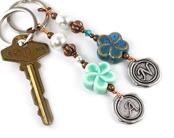 Personalized Keychain, Silver Wax Seal Initial Charm, Mint or Blue Ceramic Flower, Copper Custom Keyring, White Pearl Christmas Gift