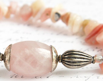 ON VACATION, Blush Pink Opal Bracelet Rose Quartz Bracelet Sterling Silver Pink Gemstone Bracelet Pink Wedding Bracelet for women