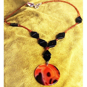 Large Flaming Agate Necklace, Thin Orange Stone Pendant, Black Geometric Necklace, Statement Unique Artisan Necklace image 3