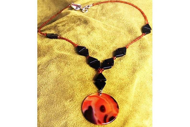 Large Flaming Agate Necklace, Thin Orange Stone Pendant, Black Geometric Necklace, Statement Unique Artisan Necklace image 3