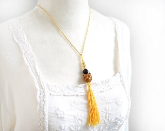 ON VACATION, Tiger Face Head Yellow Silk Tassel Necklace Black Lava Rock Bead Long Gold Tassel Necklace Gold Chain Cute Animal